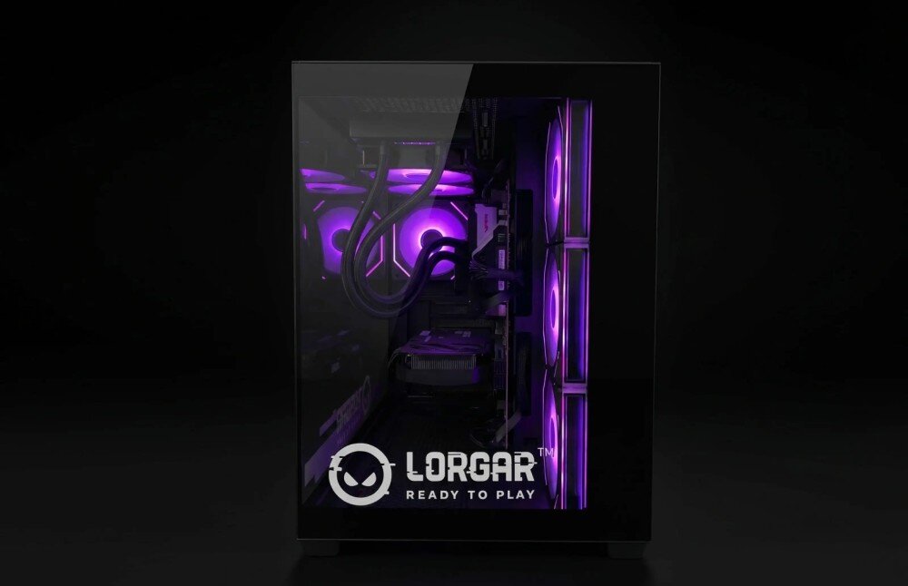 Komputer LORGAR Advanced PCA201-BK Obudowa komputerowa widoczna od przodu z przeszklonym panelem pokazującym wnętrze komputera