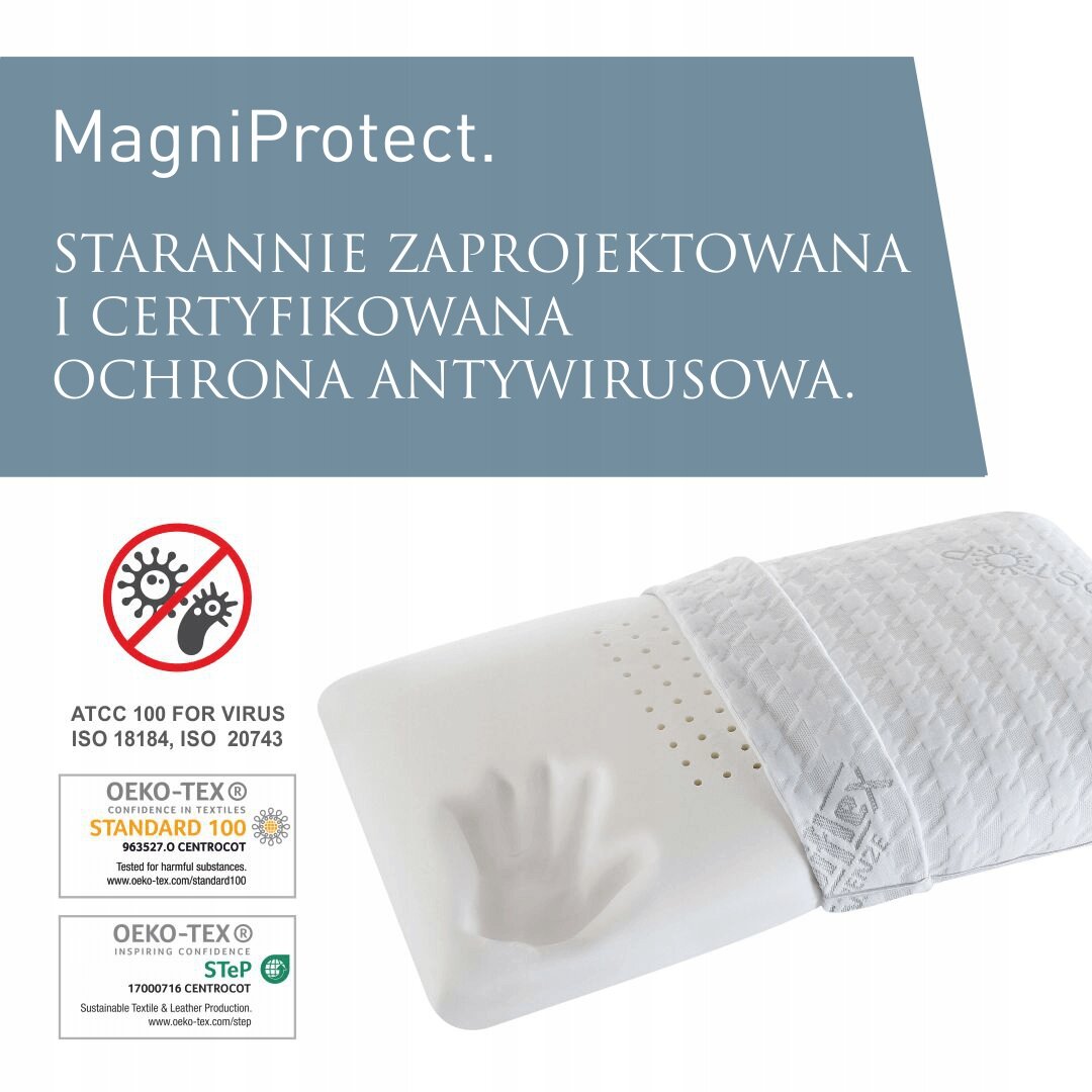 Obraz przedstawia poduszkę z wcięciem w kształcie dłoni, częściowo pokrytą białym materiałem z wzorem. Na niebieskim tle widnieje tekst: \'MagniProtect. Starannie zaprojektowana i certyfikowana ochrona antywirusowa.\'
