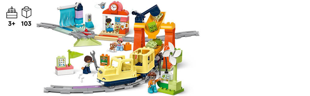 Zestaw LEGO przedstawia duży interaktywny pociąg miejski z torami, kolorowymi klockami i figurkami. Widoczne są elementy takie jak zegar, wiatrak i różne postacie, a także oznaczenie wiekowe 3+ i liczba elementów 103.