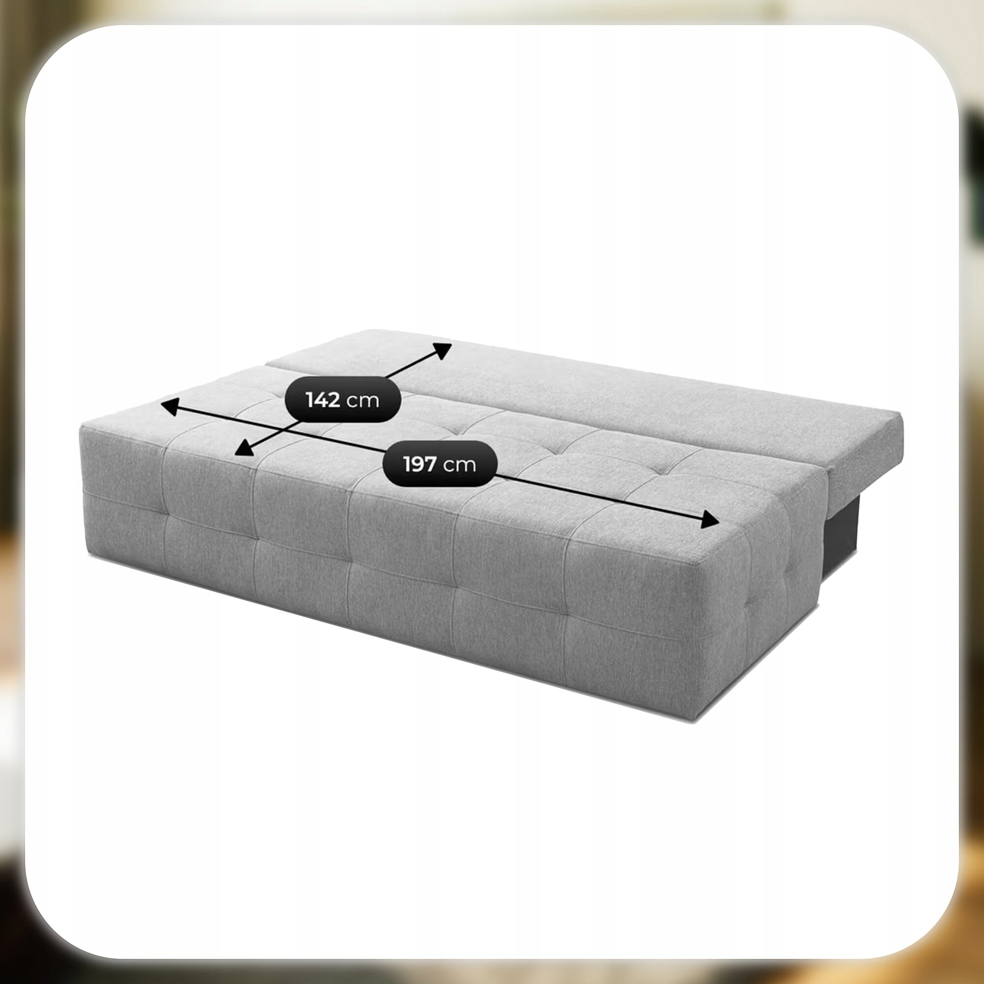 Szara sofa rozkładana z funkcją spania, przedstawiona w pozycji rozłożonej. Na powierzchni sofy widoczne są wymiary: 142 cm i 197 cm.