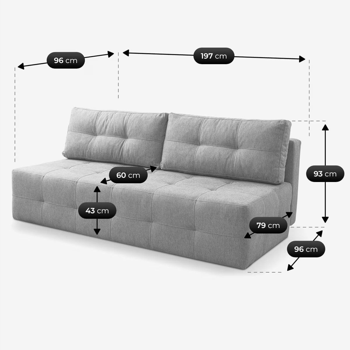 Szara sofa rozkładana z funkcją spania, z poduszkami na oparciu, przedstawiona z wymiarami: 197 cm szerokości, 96 cm głębokości, 93 cm wysokości, 60 cm głębokości siedziska, 43 cm wysokości siedziska, 79 cm głębokości całkowitej i 96 cm szerokości całkowitej.