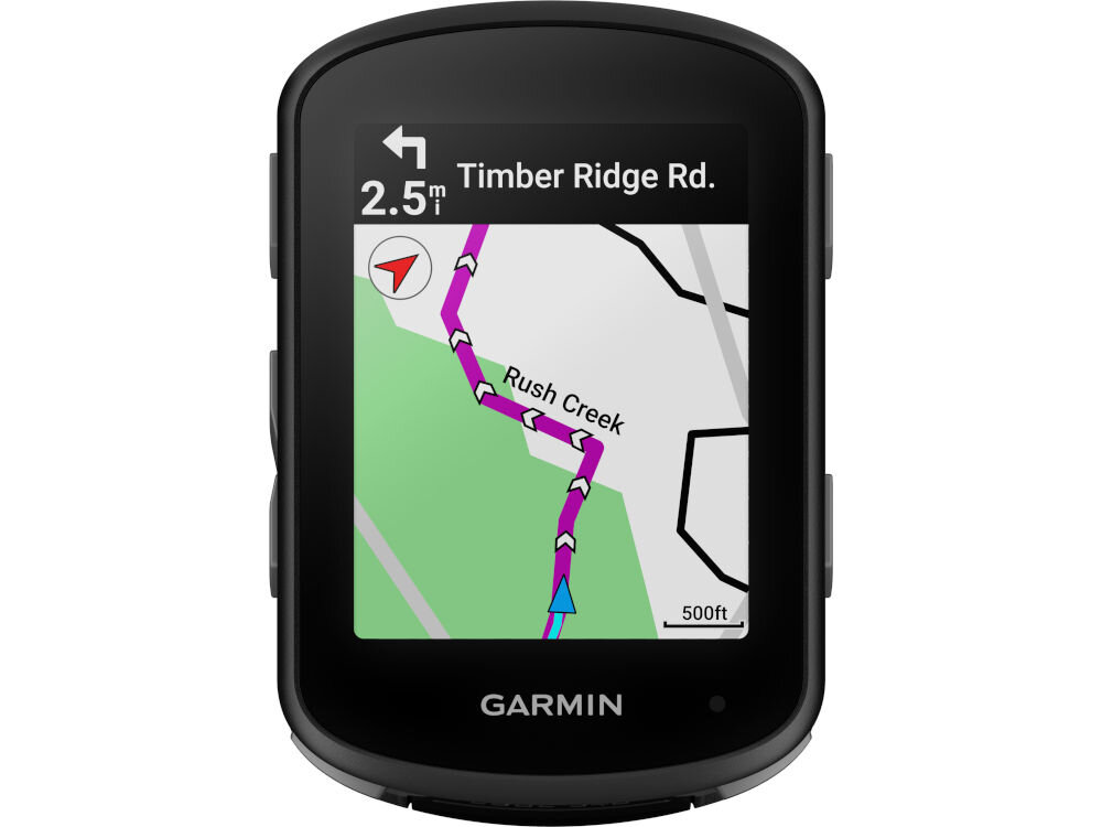 Urządzenie nawigacyjne z wyświetlaczem pokazującym mapę z trasą oznaczoną fioletową linią oraz tekstem \'2.5 mi Timber Ridge Rd.\' i \'Rush Creek\'. Na dole ekranu widoczne jest logo \'GARMIN\'.