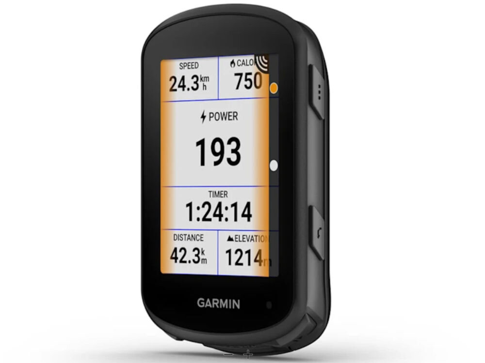 Urządzenie nawigacyjne z wyświetlaczem pokazującym dane: prędkość 24.3 km/h, kalorie 750, moc 193, czas 1:24:14, dystans 42.3 km, wysokość 1214 m. Na dole widoczne jest logo \'GARMIN\'.