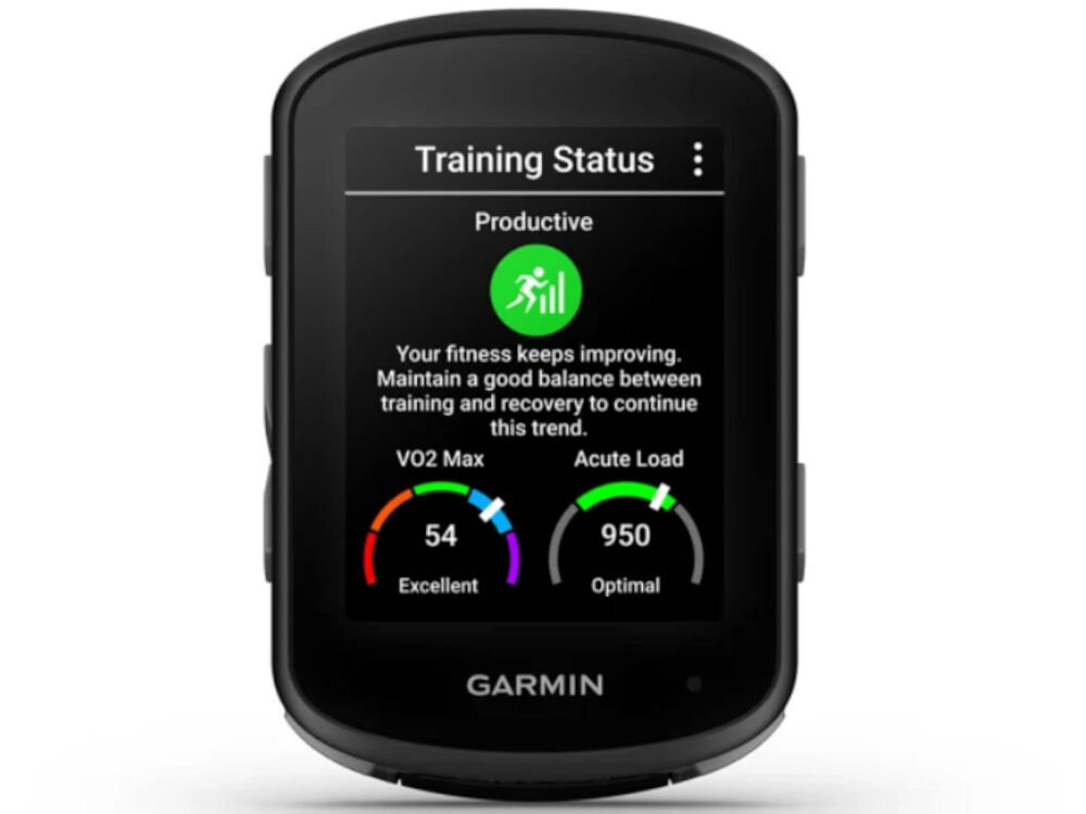 Urządzenie elektroniczne z wyświetlaczem pokazującym status treningu z napisem \'Training Status\' oraz wartościami \'VO2 Max\' i \'Acute Load\'. Na dole widoczne jest logo \'GARMIN\'.
