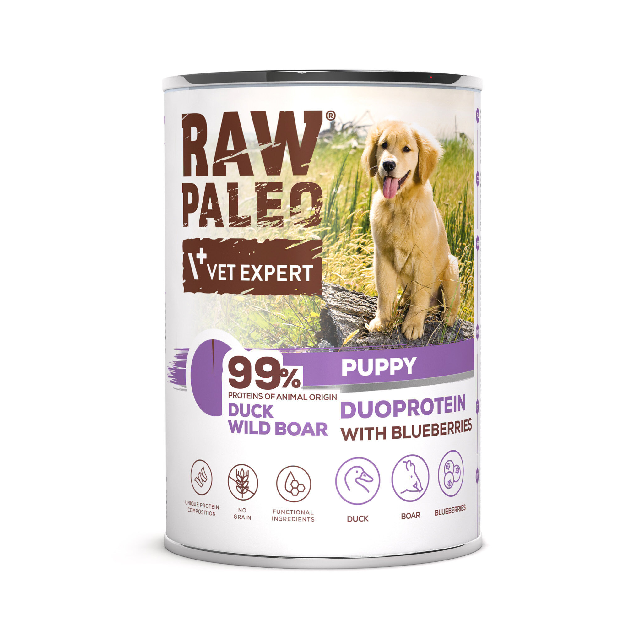 Puszka mokrej karmy dla szczeniąt z etykietą \'RAW PALEO VET EXPERT\' i zdjęciem szczeniaka na tle trawy. Na etykiecie widnieje napis \'99% PROTEINS OF ANIMAL ORIGIN DUCK WILD BOAR PUPPY DUOPROTEIN WITH BLUEBERRIES\'.