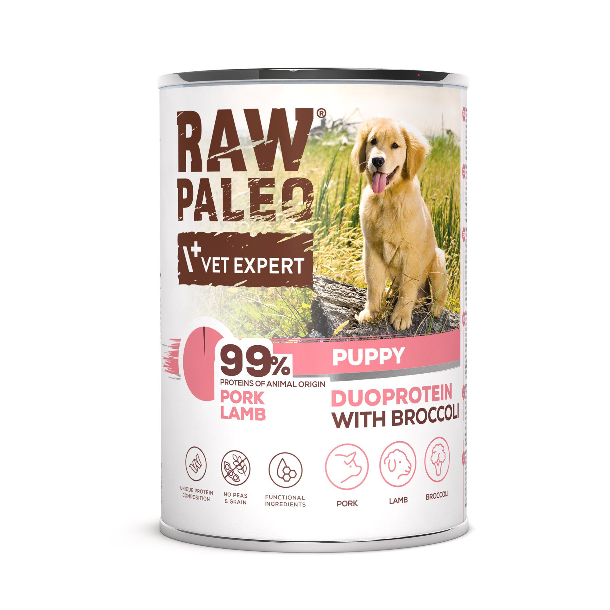 Puszka z karmą dla szczeniąt z etykietą \'RAW PALEO VET EXPERT\'. Na etykiecie widnieje zdjęcie psa oraz napisy \'99% PROTEINS OF ANIMAL ORIGIN\', \'PUPPY\', \'DUOPROTEIN PORK LAMB WITH BROCCOLI\'.
