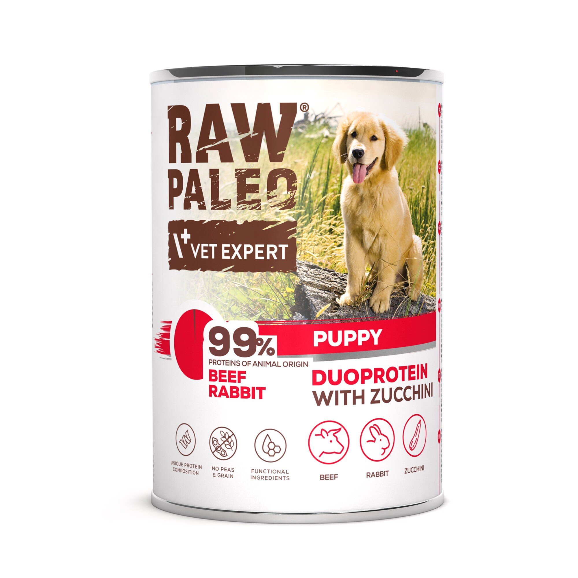 Puszka mokrej karmy dla szczeniąt z etykietą \'RAW PALEO VET EXPERT\'. Na etykiecie widnieje zdjęcie psa oraz informacje: \'99% proteins of animal origin\', \'PUPPY\', \'BEEF RABBIT\', \'DUOPROTEIN WITH ZUCCHINI\'.