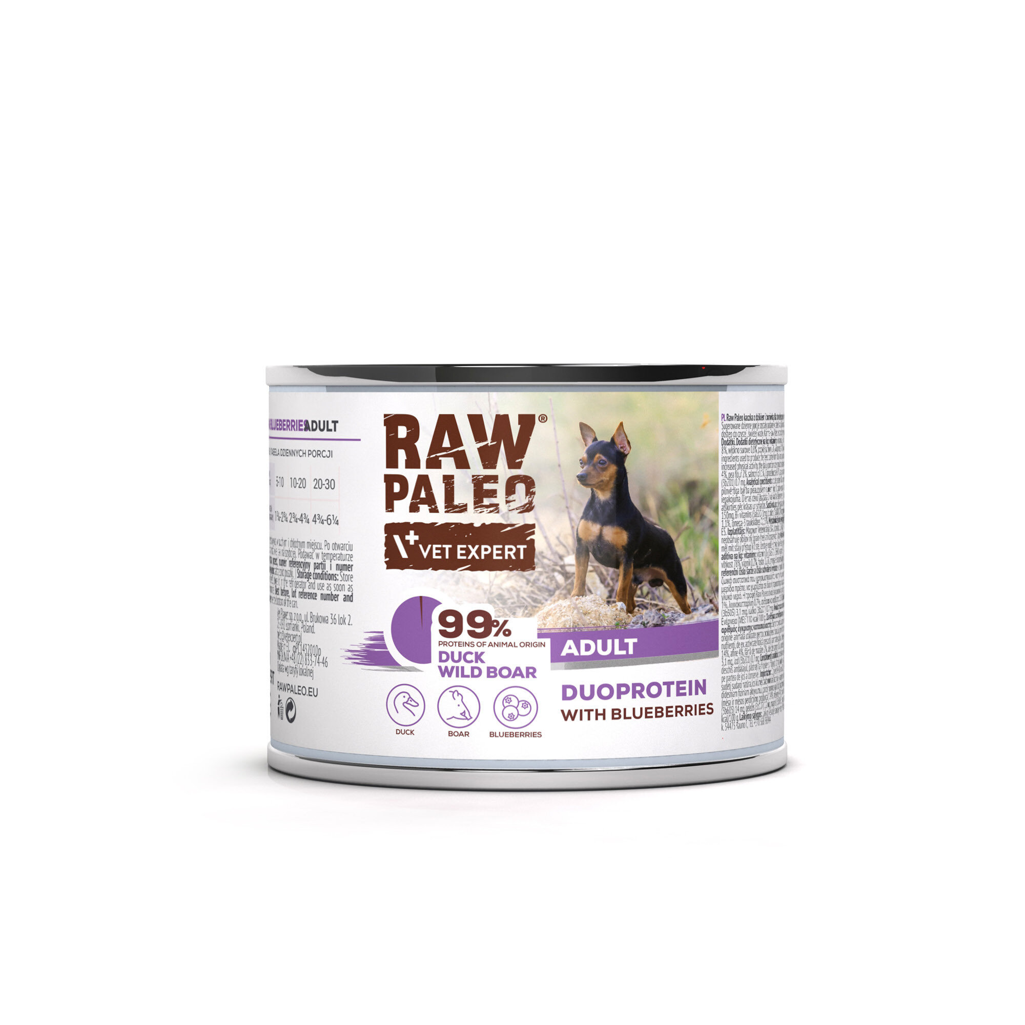Puszka mokrej karmy dla psów z etykietą \'RAW PALEO VET EXPERT\' oraz zdjęciem psa. Zawiera informacje: \'99% proteins of animal origin DUCK WILD BOAR ADULT DUOPROTEIN WITH BLUEBERRIES\'.