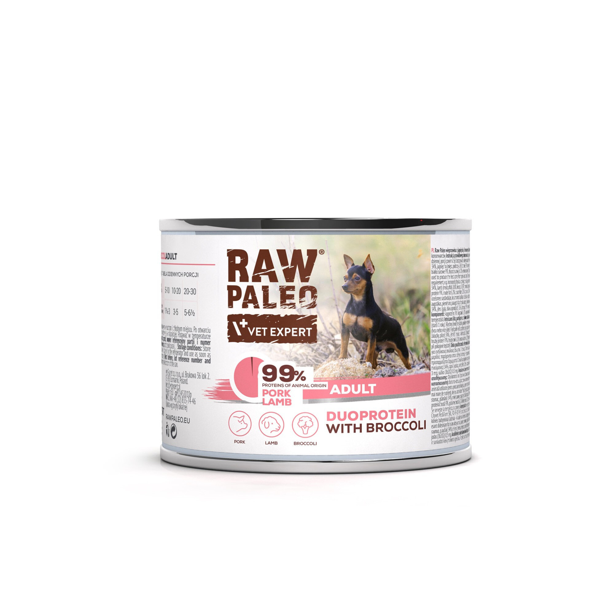 Puszka mokrej karmy dla psów z etykietą \'RAW PALEO VET EXPERT\' oraz zdjęciem psa. Na etykiecie widnieje napis \'99% proteins of animal origin PORK LAMB ADULT DUOPROTEIN WITH BROCCOLI\'.