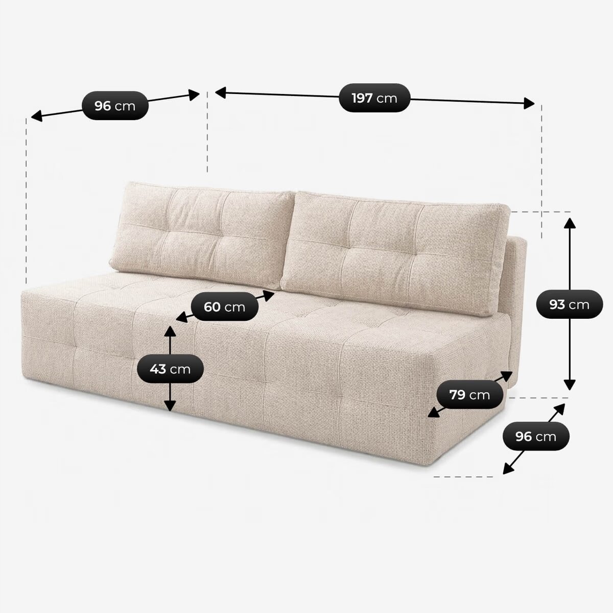 Kremowa sofa rozkładana z funkcją spania, z widocznymi wymiarami: 197 cm długości, 96 cm szerokości, 93 cm wysokości oparcia, 60 cm głębokości siedziska, 43 cm wysokości siedziska i 79 cm głębokości całkowitej.