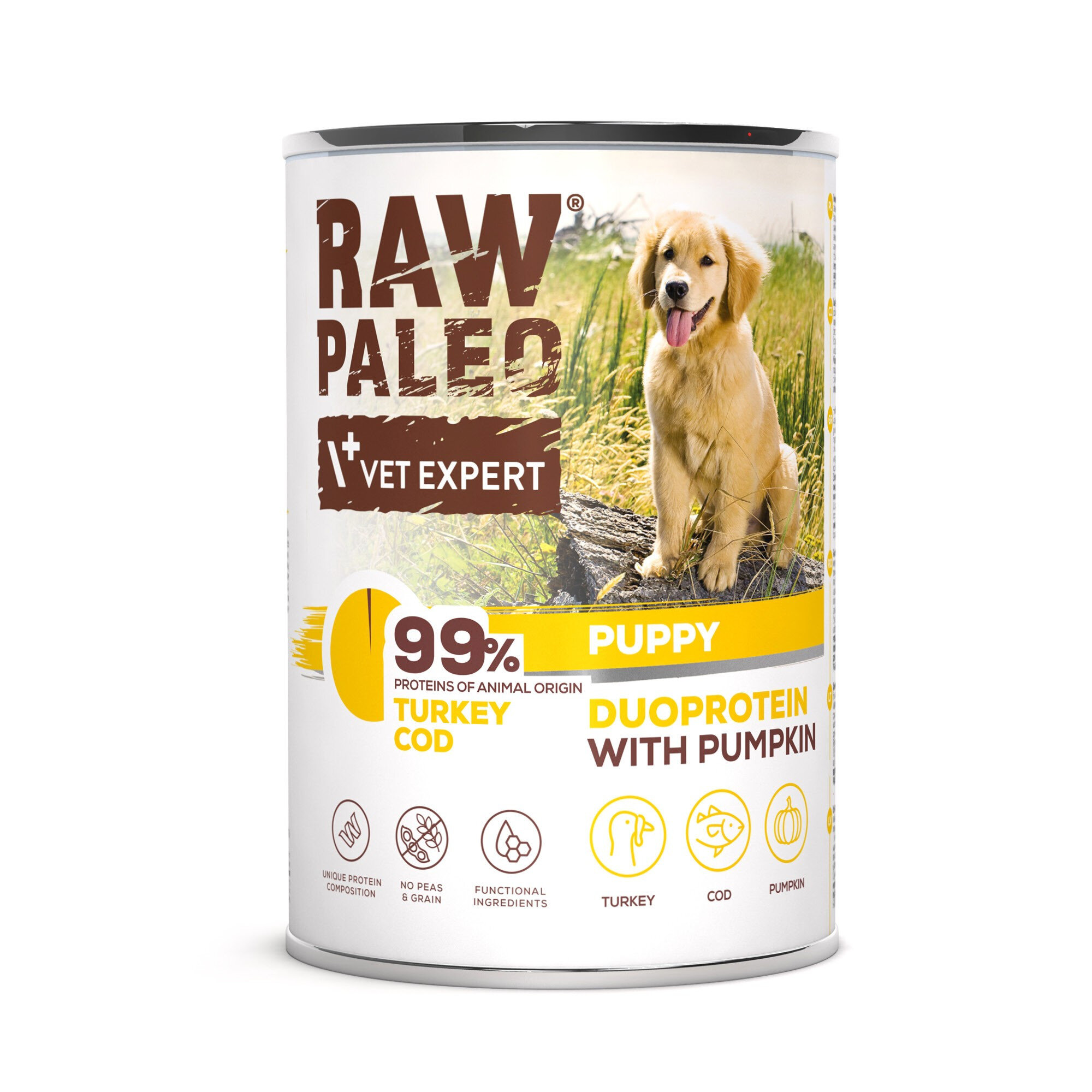Puszka mokrej karmy dla szczeniąt z etykietą \'RAW PALEO VET EXPERT\'. Na etykiecie widoczny jest pies oraz napisy \'99% PROTEINS OF ANIMAL ORIGIN TURKEY COD\' i \'DUOPROTEIN WITH PUMPKIN\'.