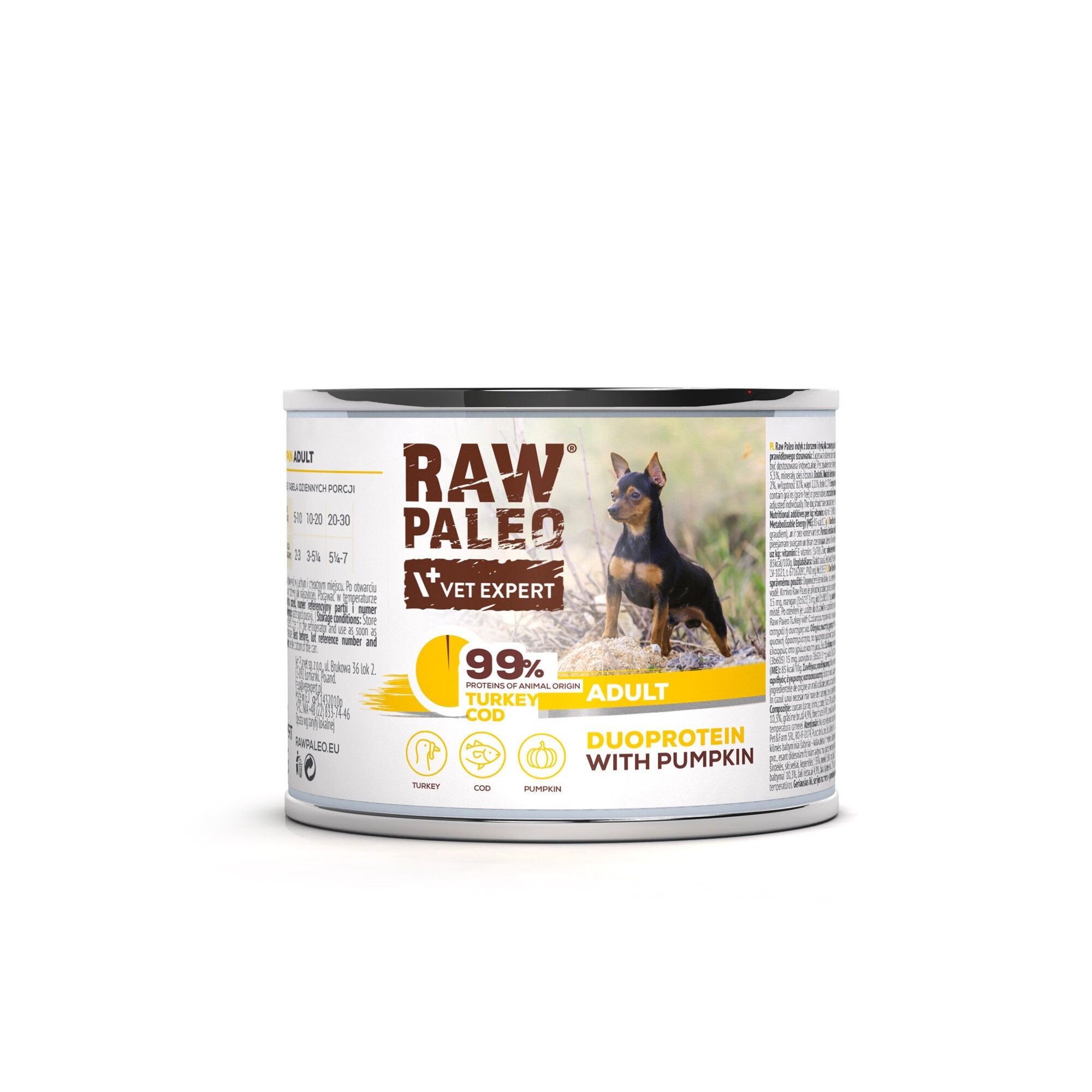 Puszka mokrej karmy dla psów z etykietą \'RAW PALEO VET EXPERT\' oraz zdjęciem psa. Na etykiecie widnieje napis \'99% proteins of animal origin TURKEY COD ADULT DUOPROTEIN WITH PUMPKIN\'.