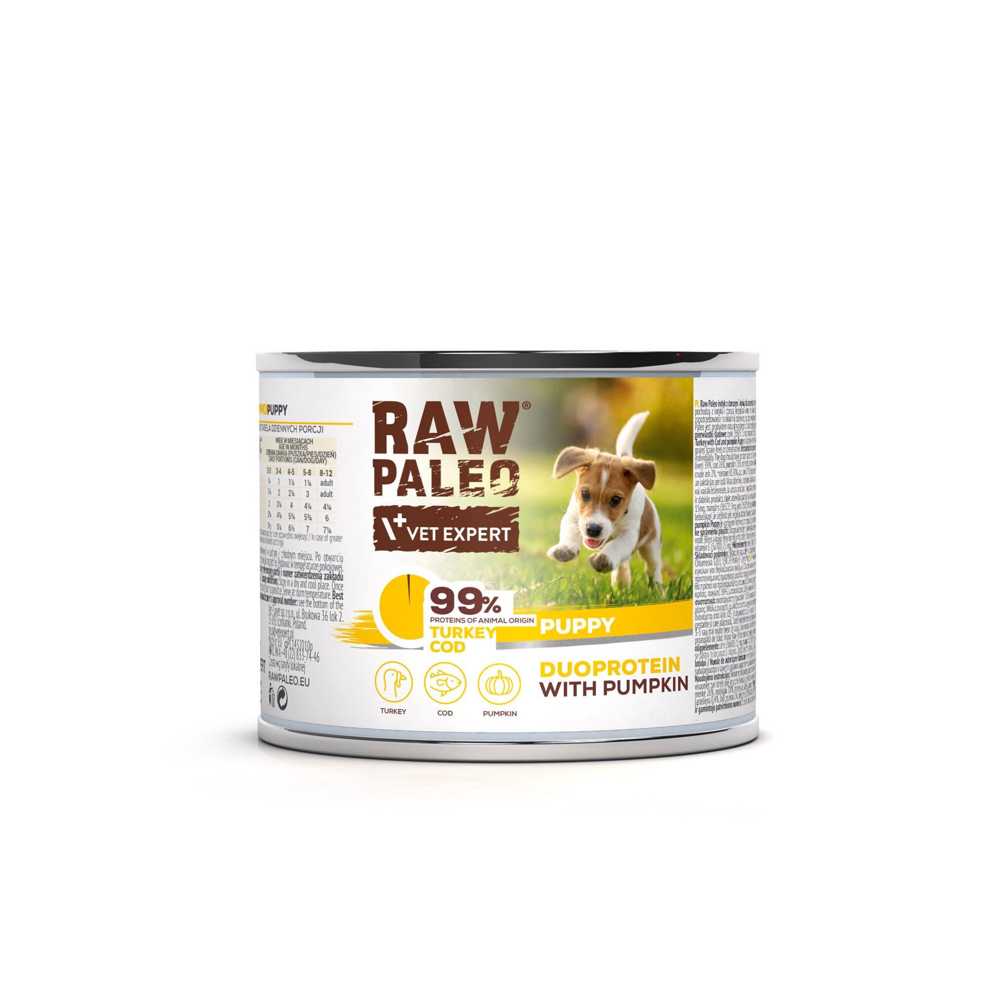 Puszka mokrej karmy dla szczeniąt z etykietą \'RAW PALEO VET EXPERT\' oraz zdjęciem psa na trawie. Na etykiecie widnieje napis \'99% TURKEY COD PUPPY DUOPROTEIN WITH PUMPKIN\'.