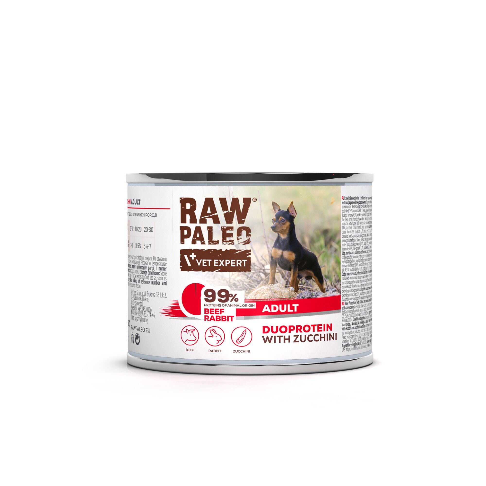 Puszka mokrej karmy dla psów z etykietą \'RAW PALEO VET EXPERT\' oraz zdjęciem psa. Na etykiecie widnieje napis \'99% proteins of animal origin BEEF RABBIT ADULT DUOPROTEIN WITH ZUCCHINI\'.