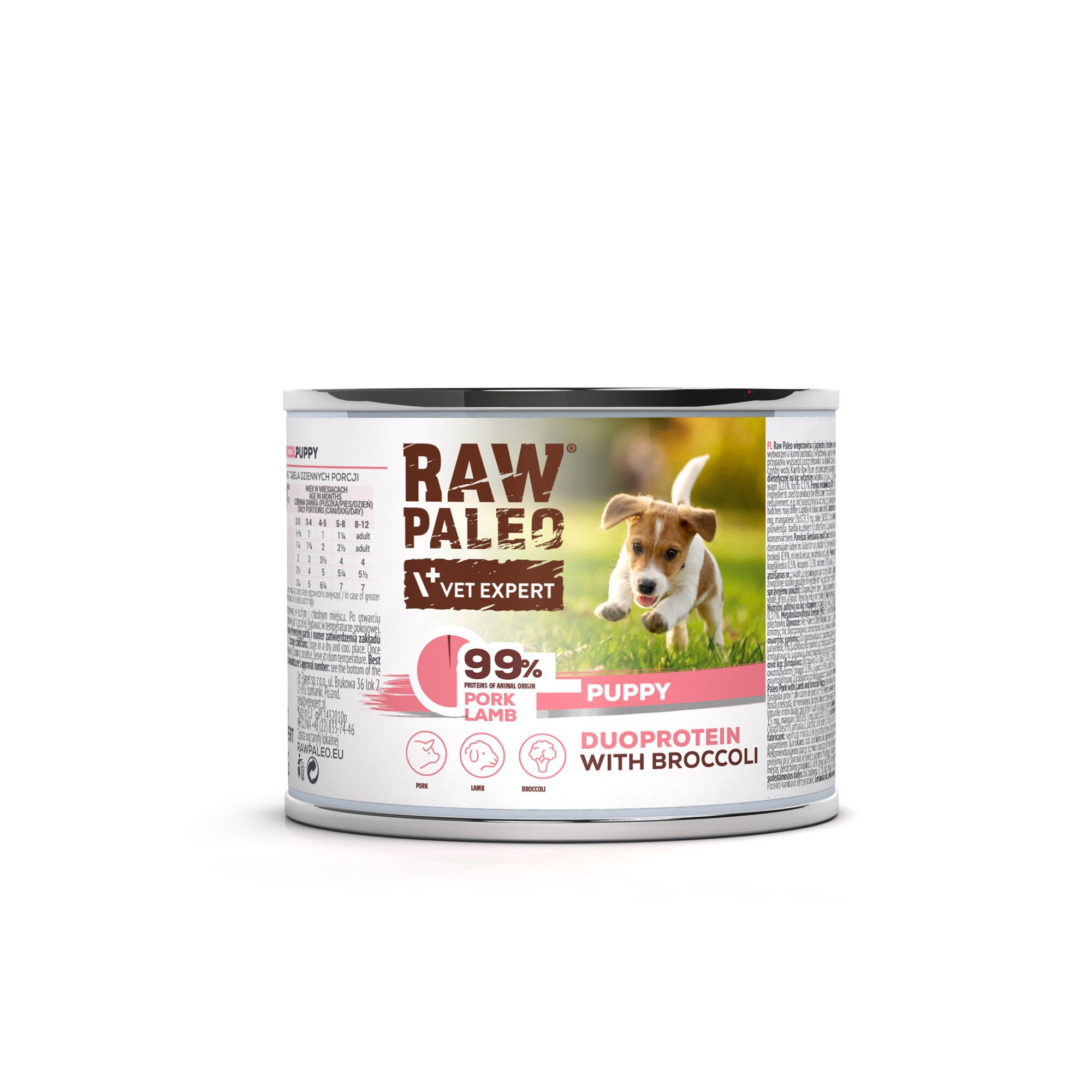 Puszka mokrej karmy dla szczeniąt z etykietą \'RAW PALEO VET EXPERT\' oraz zdjęciem szczeniaka na trawie. Na etykiecie widnieje napis \'99% PORK LAMB PUPPY DUOPROTEIN WITH BROCCOLI\'.
