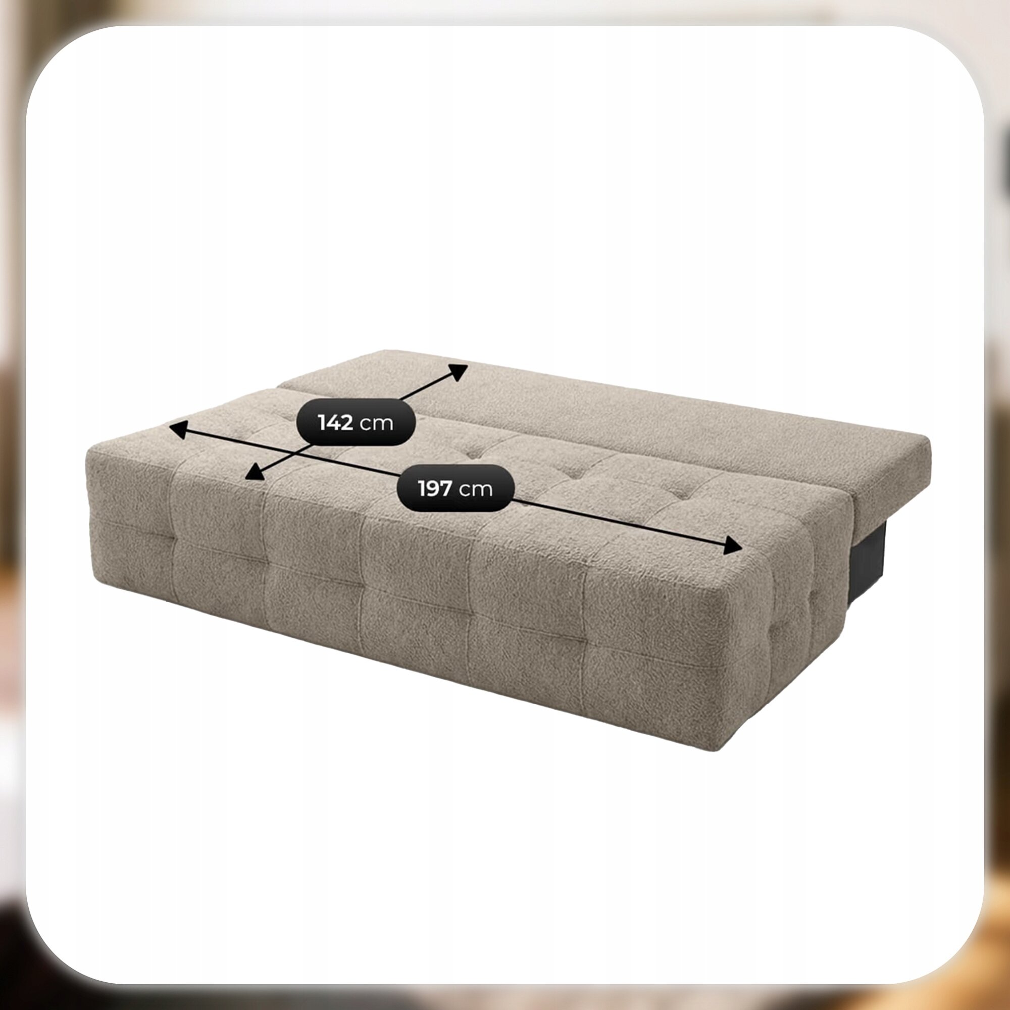 Obraz przedstawia rozłożoną kremową sofę z funkcją spania, z wymiarami 142 cm na 197 cm. Sofa ma pikowaną powierzchnię.