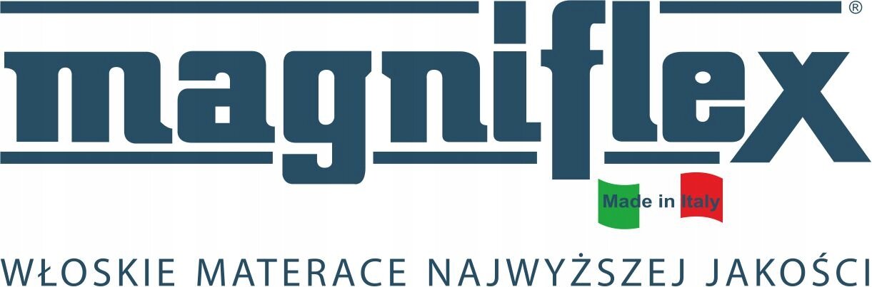 Logo z napisem \'magniflex\' oraz tekstem \'WŁOSKIE MATERACE NAJWYŻSZEJ JAKOŚCI\'. Obok znajduje się napis \'Made in Italy\' z włoską flagą.