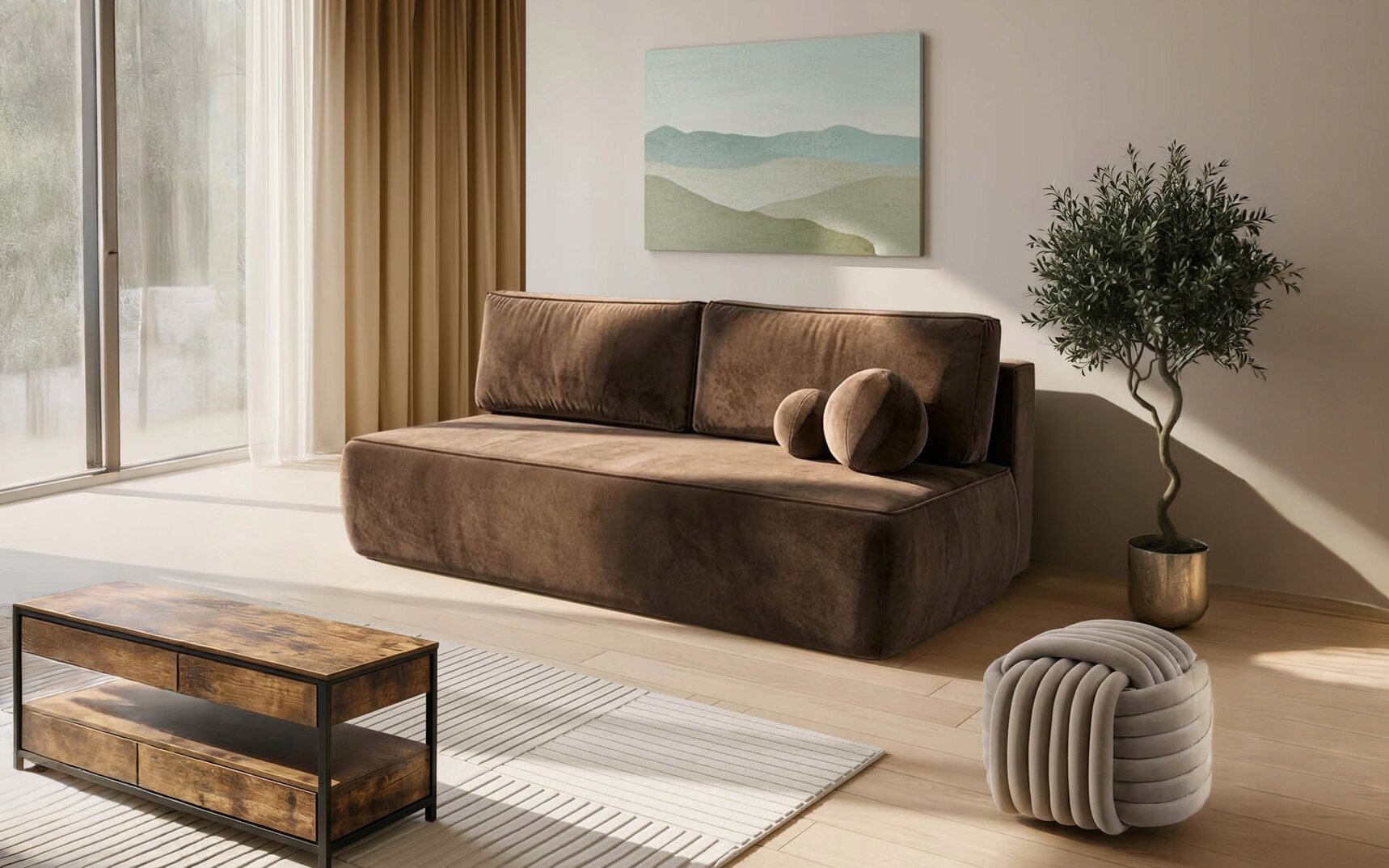 Brązowa sofa rozkładana z funkcją spania znajduje się w nowoczesnym salonie. Obok sofy stoi roślina w doniczce, a na ścianie wisi obraz przedstawiający krajobraz górski.