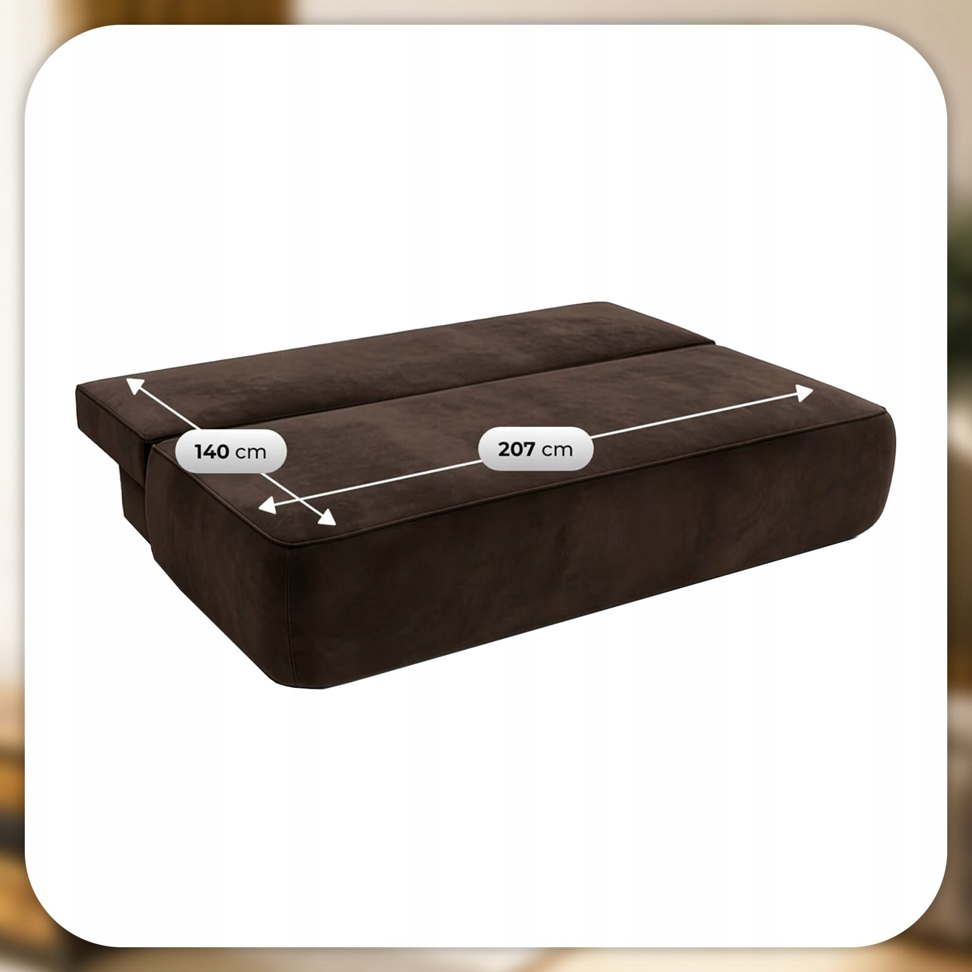Brązowa sofa rozkładana z funkcją spania, przedstawiona w pozycji rozłożonej. Na powierzchni widoczne są wymiary: 140 cm szerokości i 207 cm długości.