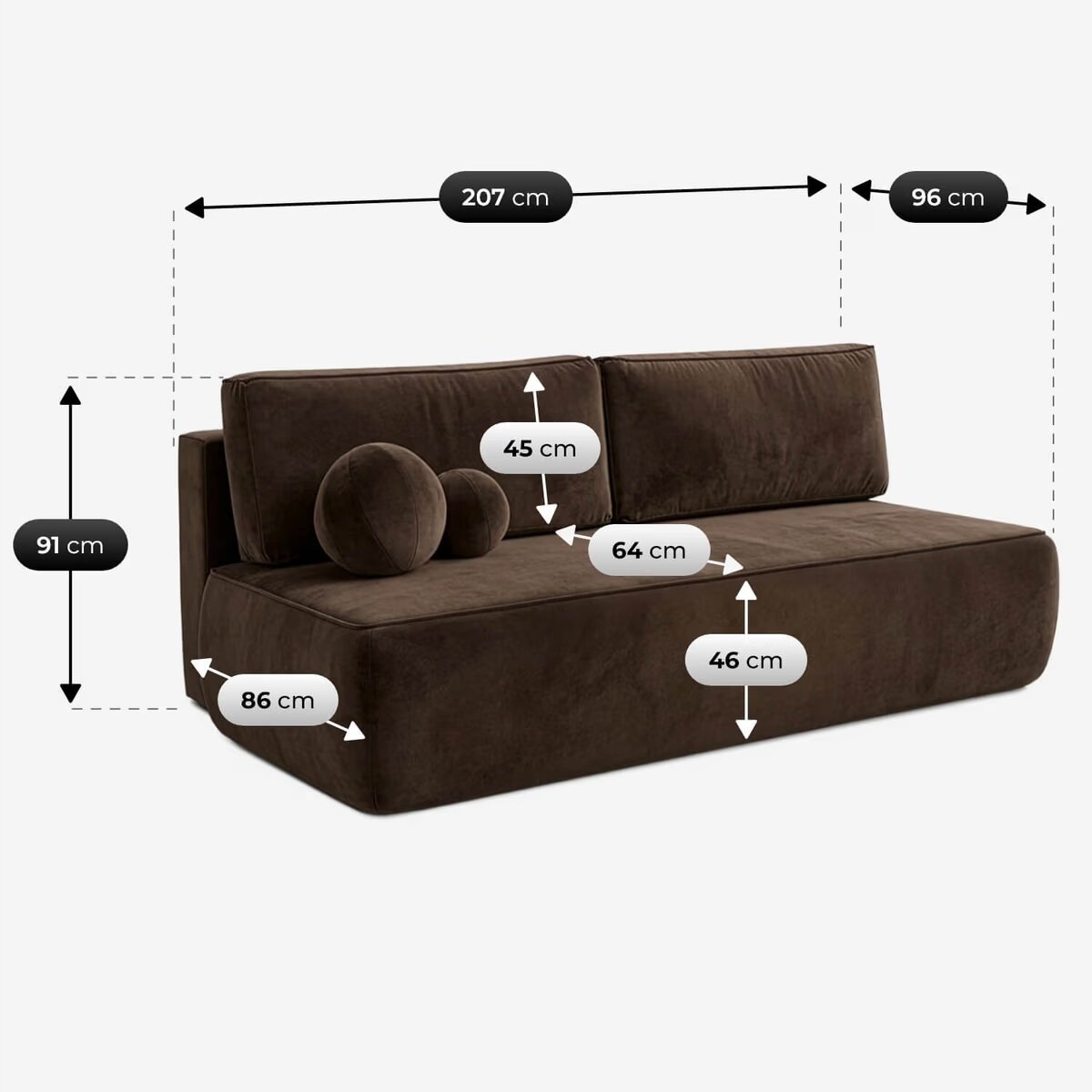 Brązowa sofa rozkładana z funkcją spania, z poduszkami w kształcie walca i koła. Wymiary: szerokość 207 cm, głębokość 96 cm, wysokość 91 cm, głębokość siedziska 64 cm, wysokość siedziska 46 cm, wysokość oparcia 45 cm, głębokość całkowita 86 cm.