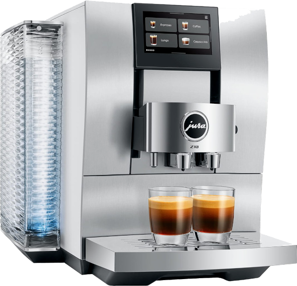 Ekspres do kawy w kolorze srebrnym z wyświetlaczem dotykowym pokazującym opcje napojów: Espresso, Coffee, Lungo, Cappuccino. Na przodzie widoczne logo \'jura\' oraz dwa przygotowane napoje w szklankach.