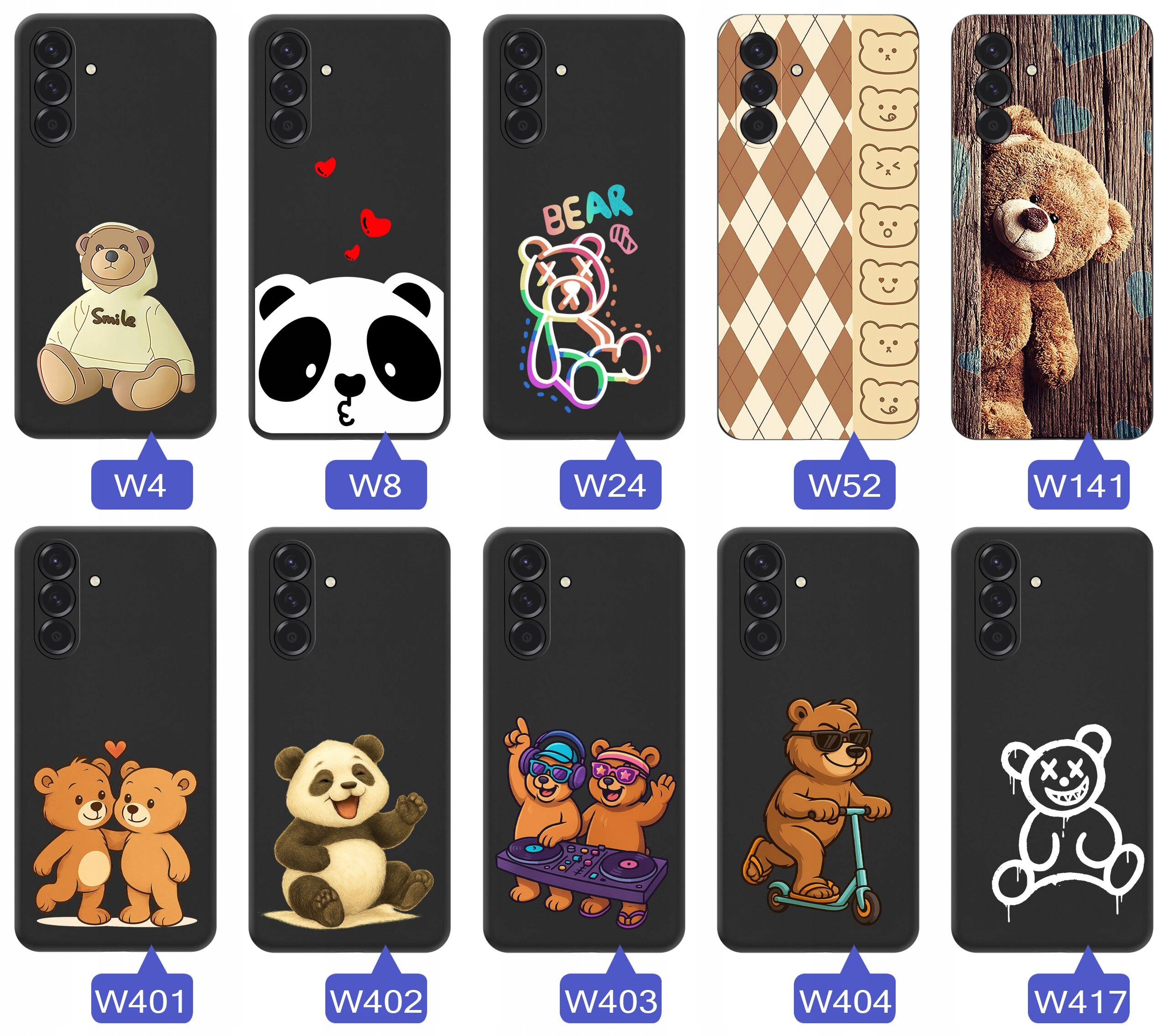 Obraz przedstawia dziesięć etui na telefon z różnymi wzorami misiów i pand, każde oznaczone kodem W4, W8, W24, W52, W141, W401, W402, W403, W404, W417. Etui mają czarne tło i różnorodne kolorowe grafiki, w tym misie w różnych stylizacjach oraz wzory geometryczne.