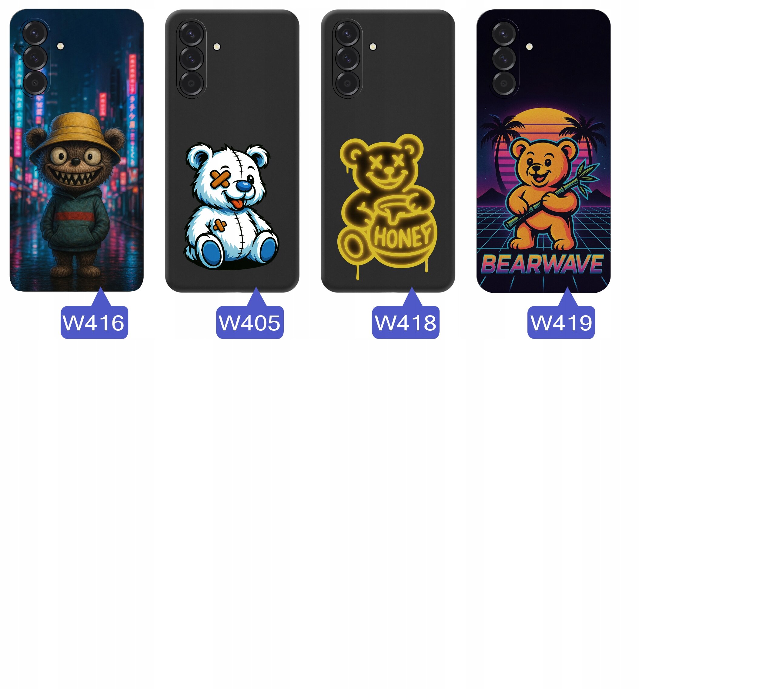 Obraz przedstawia cztery etui na telefon z różnymi wzorami misiów. Każde etui ma przypisany kod: W416, W405, W418, W419.