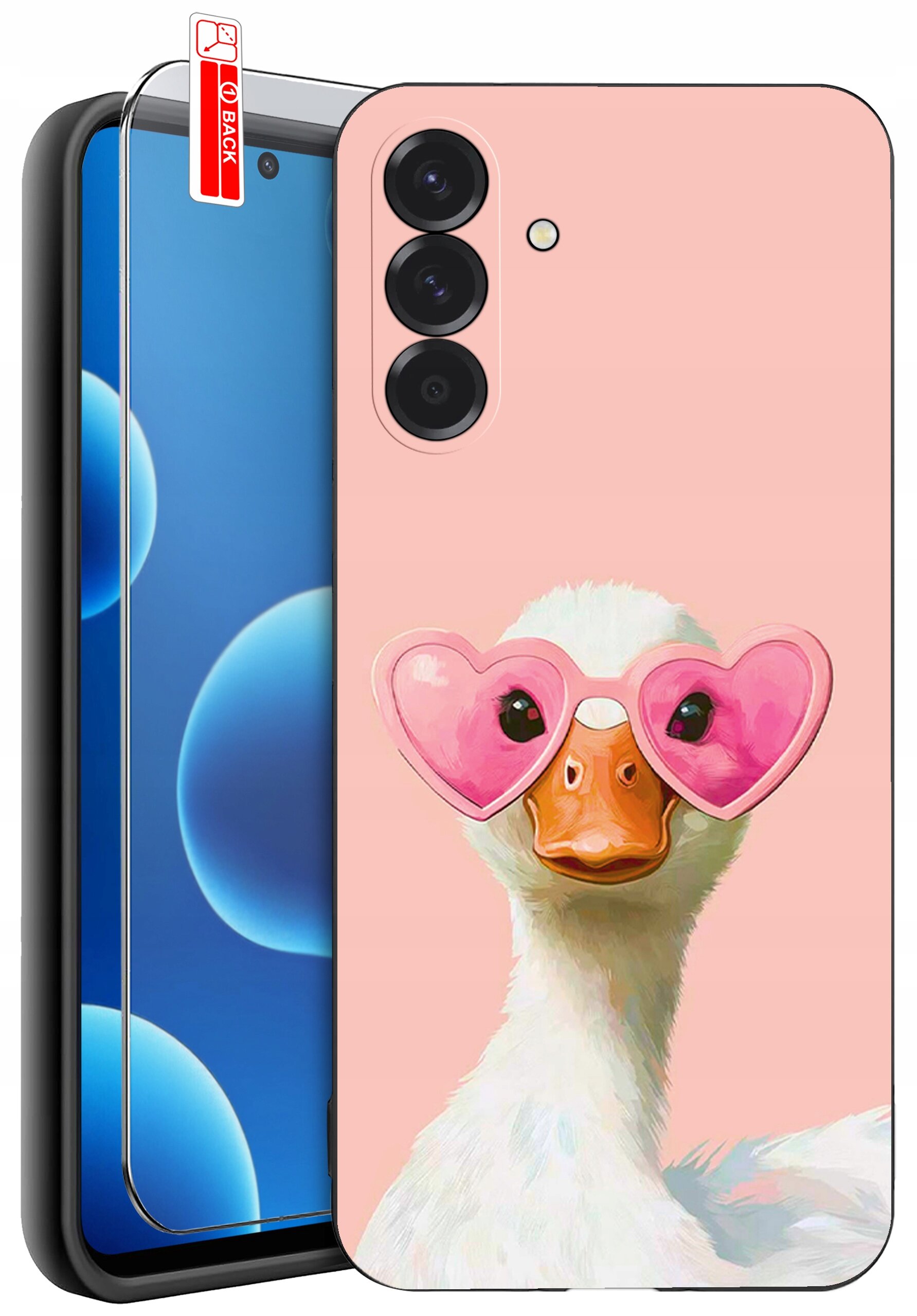 Etui na telefon z nadrukiem kaczki w różowych okularach w kształcie serc na różowym tle. Obok znajduje się szkło ochronne z napisem \'BACK\'.