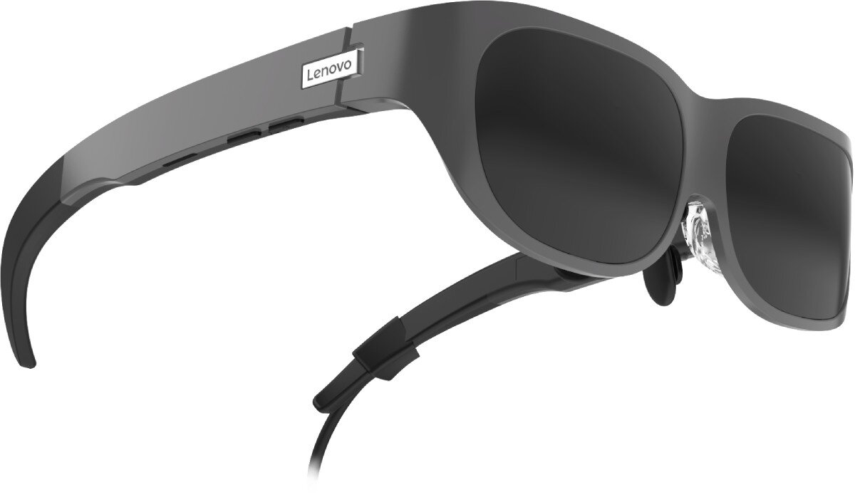 Szare okulary z ciemnymi soczewkami, na których widoczne jest logo \'Lenovo\'.