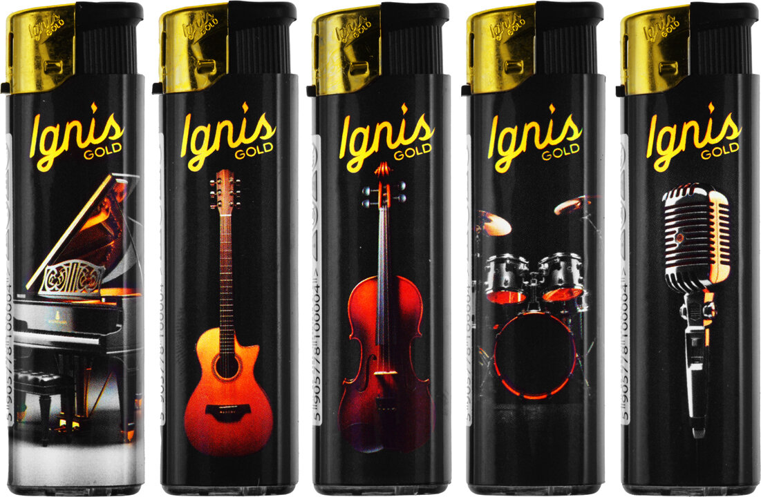 Pięć zapalniczek z serii Ignis Gold, każda z innym motywem muzycznym: fortepian, gitara, skrzypce, perkusja i mikrofon. Na każdej zapalniczce widnieje napis \'Ignis Gold\'.