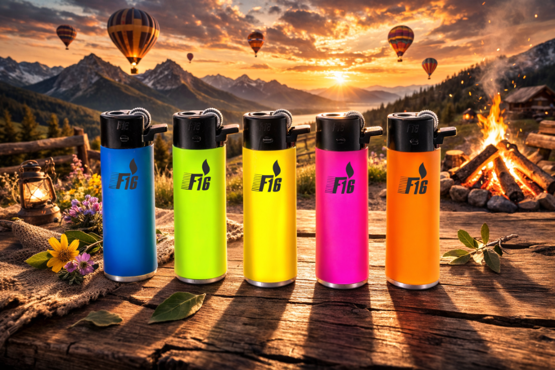 Pięć kolorowych zapalniczek z logo \'F16\' stoi na drewnianym stole, w tle widoczne są góry, balony na ogrzane powietrze i ognisko.