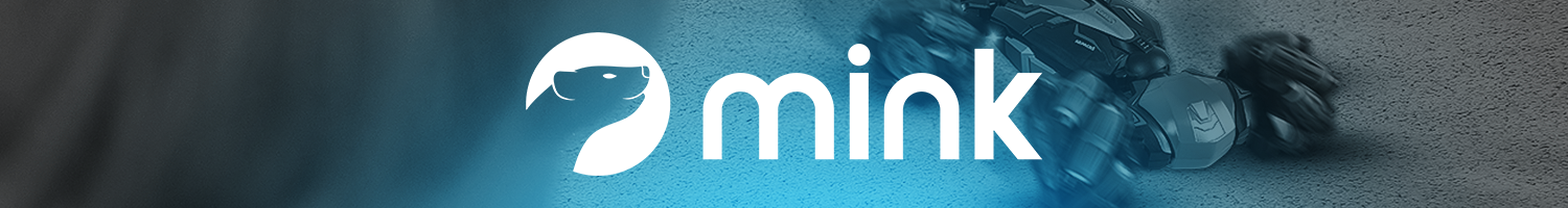 Logo z napisem \'mink\' oraz stylizowanym wizerunkiem zwierzęcia na niebieskim tle.