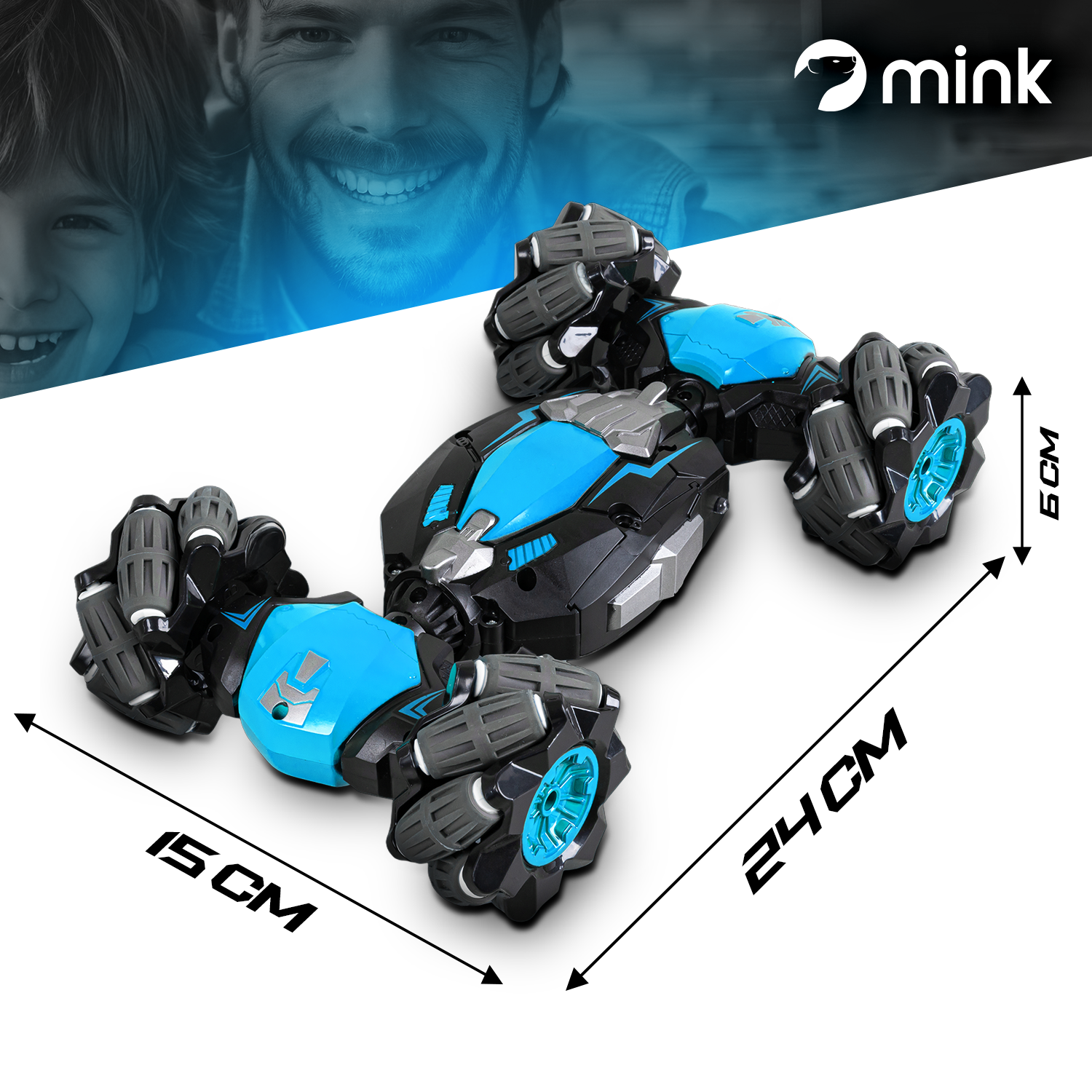 Na obrazie widoczny jest niebiesko-czarny samochód kaskaderski RC z dużymi kołami, obok którego znajdują się wymiary: 15 cm, 24 cm i 6 cm. W górnym rogu widnieje logo \'mink\'.
