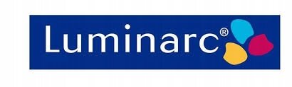 Logo Luminarc na niebieskim tle z trzema kolorowymi kształtami obok nazwy.