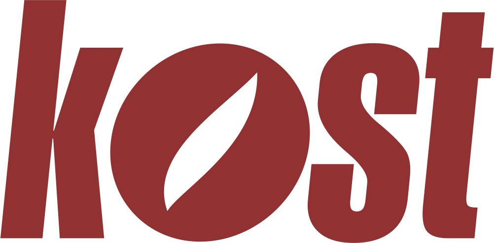 Logo z napisem \'kost\' w kolorze bordowym, z liściem w środku litery \'o\'.