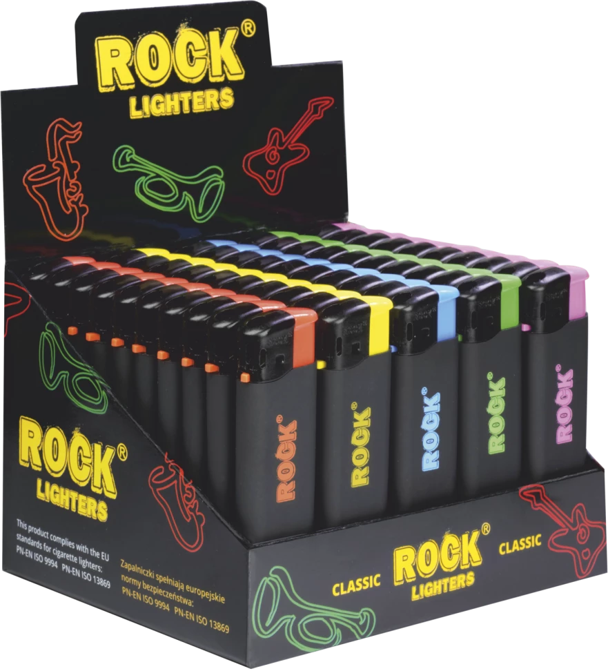 Na obrazie widoczny jest zestaw zapalniczek w różnych kolorach, umieszczony w czarnym kartonowym opakowaniu z napisem \'ROCK LIGHTERS\'. Opakowanie ozdobione jest kolorowymi grafikami przedstawiającymi instrumenty muzyczne i okulary.