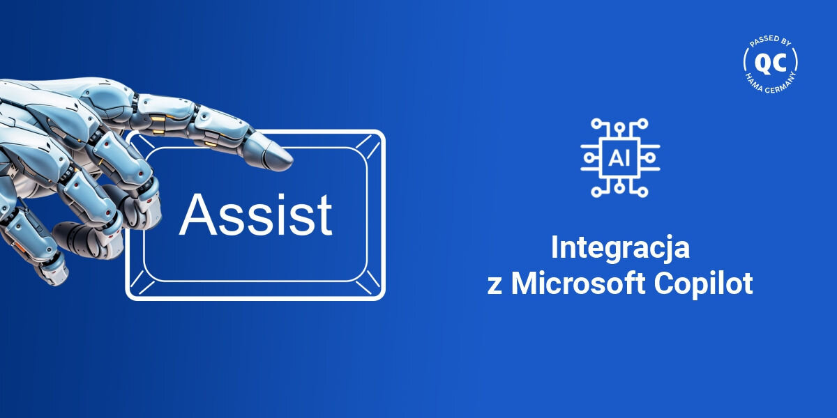 Zestaw HAMA WK-750 Szary asystent pracy Assist, dedykowany przycisk Assist, 
				sztuczna inteligencja, asystent SI, dłoń robota z palcem na przycisku Assist na niebieskim tle
