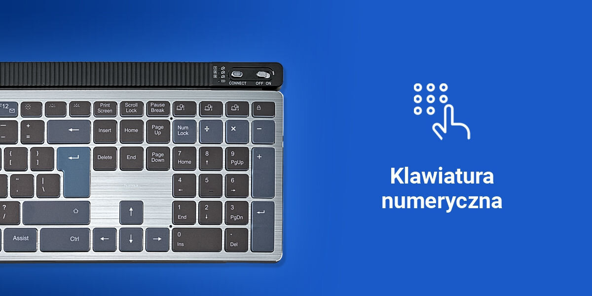 Zestaw HAMA WK-750 Szary,
				pełnowymiarowa wygoda, wbudowany blok numeryczny, pełnowymiarowy układ klawiszy, ergonomiczne rozmieszczenie przycisków, wymiary ok. 412 x 138 x 18 mm,
				prawa połowa klawiatury na niebieskim tle, biały napis klawiatura numeryczna
