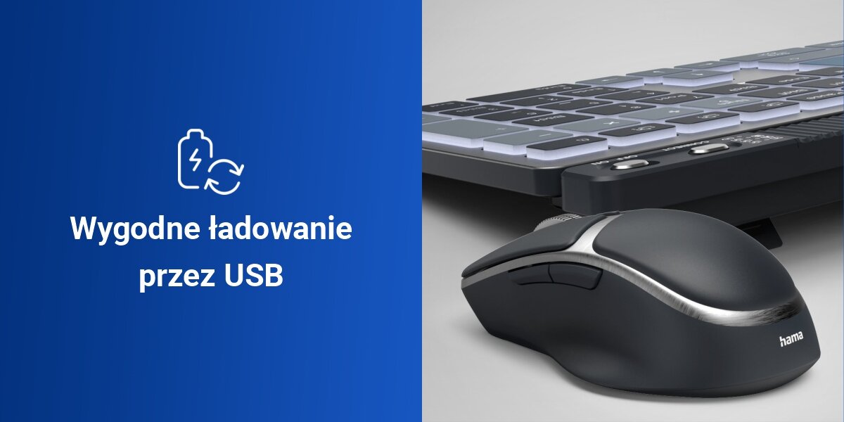 Zestaw HAMA WK-750 Szary,
				praktyczne zasilanie, wbudowane akumulatory litowo-polimerowe, w zestawie kabel USB-A / USB-C do ładowania, czas działania klawiatury do 20 dni,
				czas działania myszy do 90 dni, automatyczny tryb uśpienia po 5 minutach bezczynności, klawiatura oraz mysz 
				na szarym tle, biały napis wygodne ładowanie przez USB na niebieskim tle
