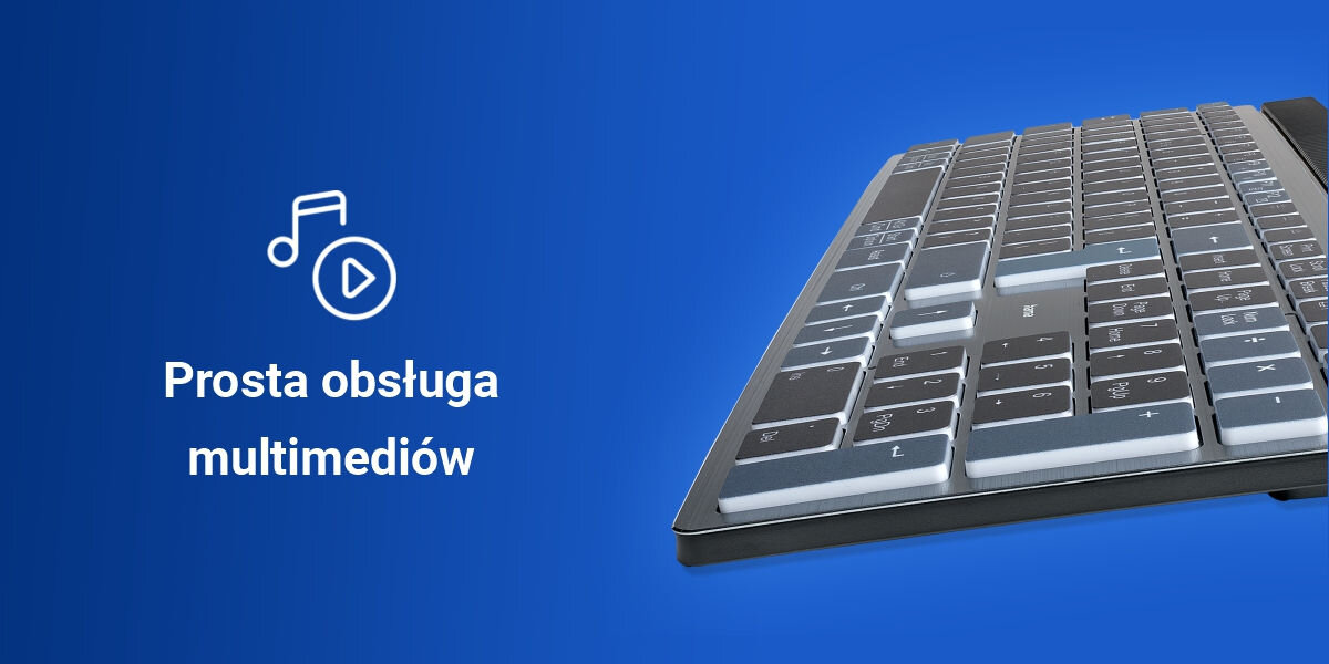 Zestaw HAMA WK-750 Szary 
				szybki dostęp do funkcji, 16
				klawiszy multimedialnych, funkcja FN-Lock, produkt na niebieskim tle, ikona multimediów, biały napis prosta obsługa multimediów
