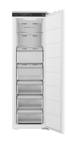 Otwarta zamrażarka z sześcioma przezroczystymi szufladami. Na górnej części widoczny napis \'Metal Tech Cooling\'.
