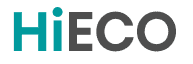 Logo z napisem \'HiECO\' w kolorach turkusowym i szarym na białym tle.