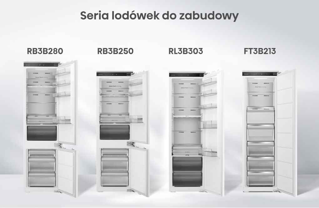 Obraz przedstawia cztery otwarte lodówki do zabudowy z serii: RB3B280, RB3B250, RL3B303, FT3B213. Nad lodówkami widnieje napis \'Seria lodówek do zabudowy\'.