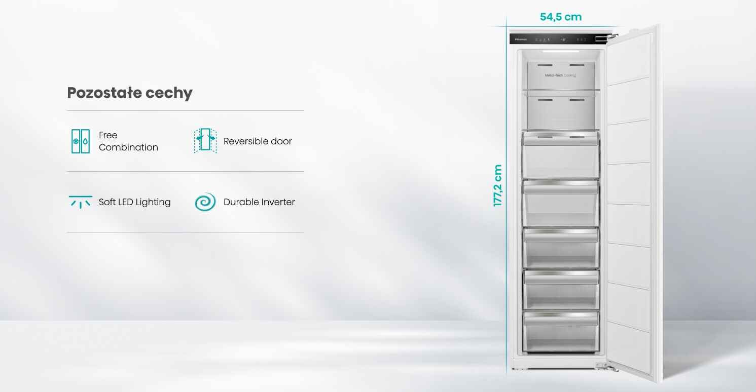 Obraz przedstawia otwartą zamrażarkę z pięcioma szufladami, obok której znajdują się napisy: \'Pozostałe cechy\', \'Free Combination\', \'Reversible door\', \'Soft LED Lighting\', \'Durable Inverter\'. Wymiary zamrażarki to 54,5 cm szerokości i 177,2 cm wysokości.
