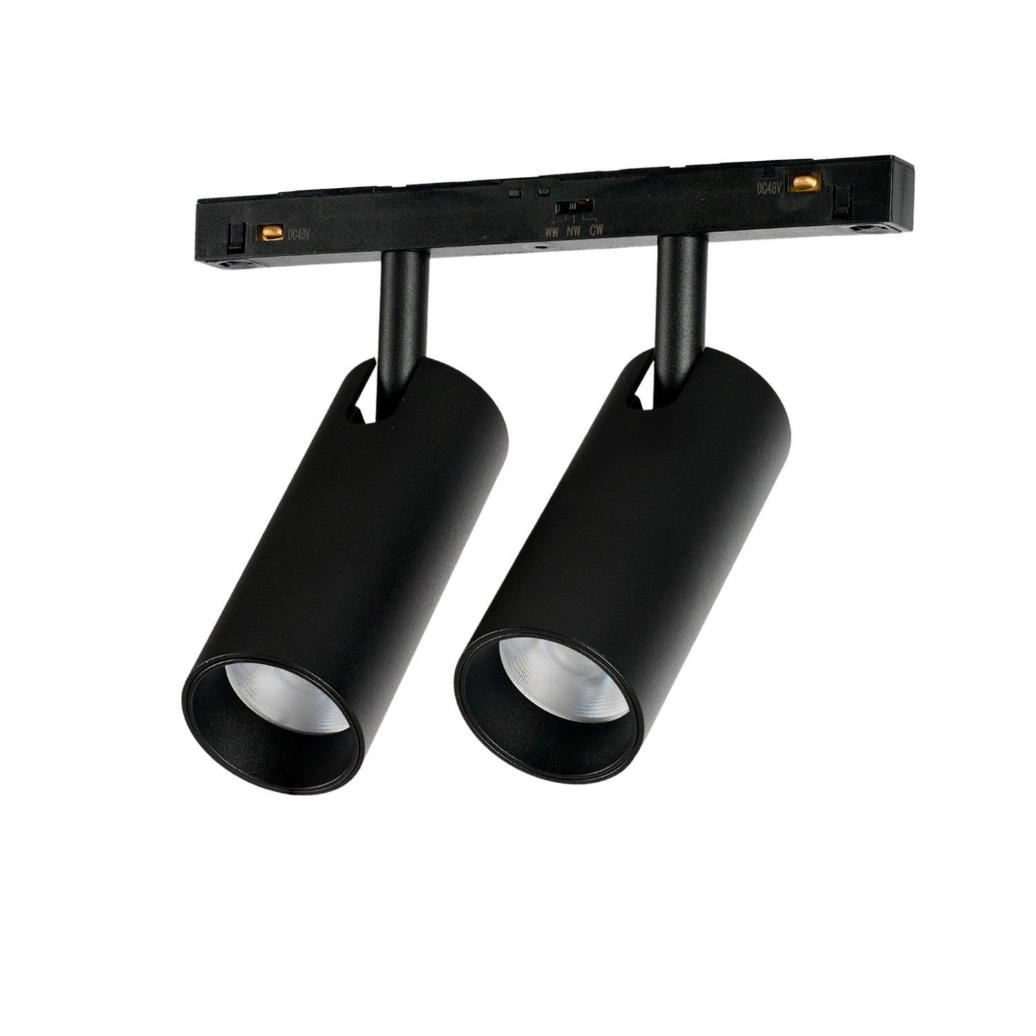 Czarna lampa reflektorowa LED z dwoma cylindrycznymi źródłami światła zamontowanymi na prostokątnej podstawie. Na podstawie widoczne są oznaczenia \'48V\' oraz przełącznik z pozycjami \'ON\' i \'OFF\'.