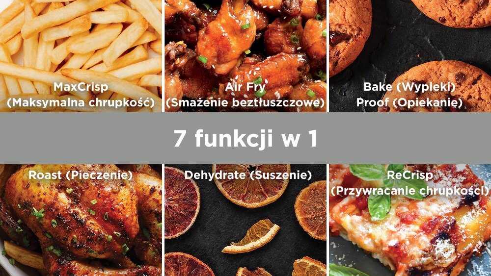Obraz przedstawia sześć zdjęć różnych potraw z podpisami: MaxCrisp (Maksymalna chrupkość), Air Fry (Smażenie beztłuszczowe), Bake (Wypieki) Proof (Opiekanie), Roast (Pieczenie), Dehydrate (Suszenie), ReCrisp (Przywracanie chrupkości). Na środku znajduje się napis \'7 funkcji w 1\'.