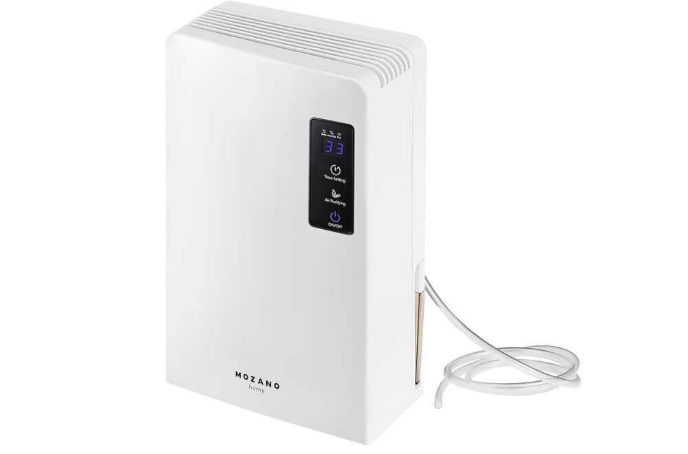 Biały osuszacz powietrza z wyświetlaczem cyfrowym pokazującym liczbę 33 oraz przyciskami oznaczonymi jako \'Time Setting\', \'Air Purifying\' i \'On/Off\'. Na urządzeniu widoczne jest logo \'MOZANO home\'.