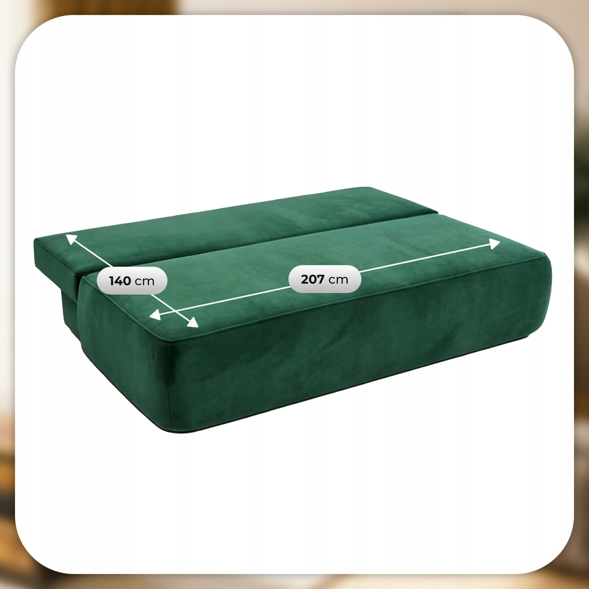 Zielona sofa rozkładana z funkcją spania, przedstawiona w pozycji rozłożonej. Na powierzchni sofy widoczne są wymiary: 140 cm i 207 cm.