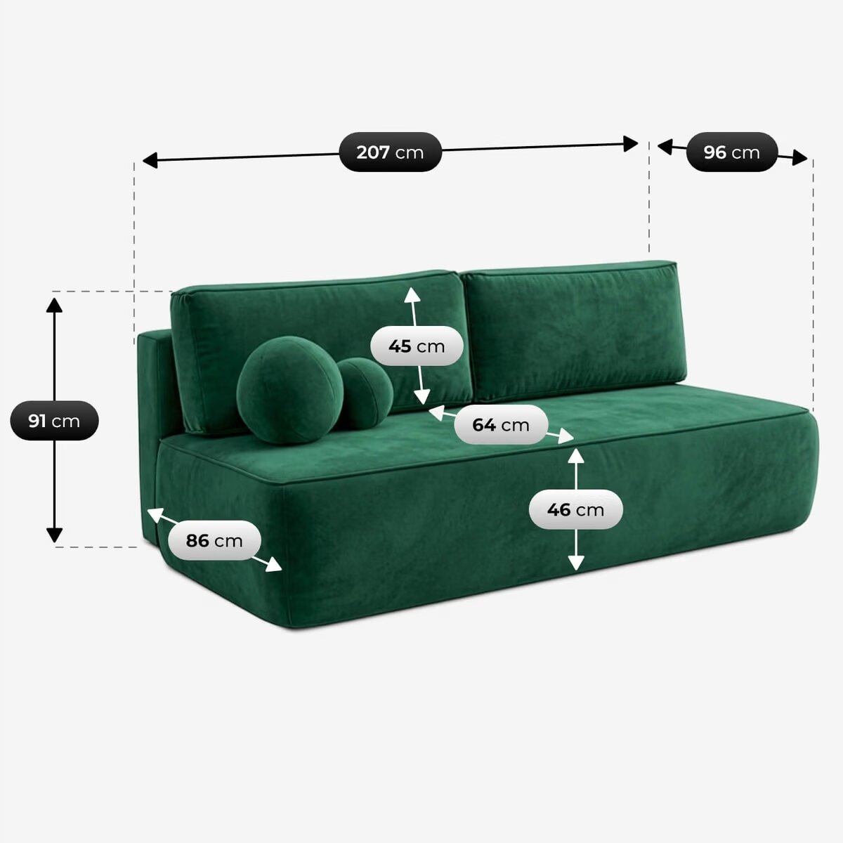 Zielona sofa z funkcją spania, z poduszkami w kształcie walca i kuli, z wymiarami: szerokość 207 cm, głębokość 96 cm, wysokość 91 cm, głębokość siedziska 86 cm, wysokość oparcia 45 cm, głębokość siedziska z poduszkami 64 cm, wysokość siedziska 46 cm.