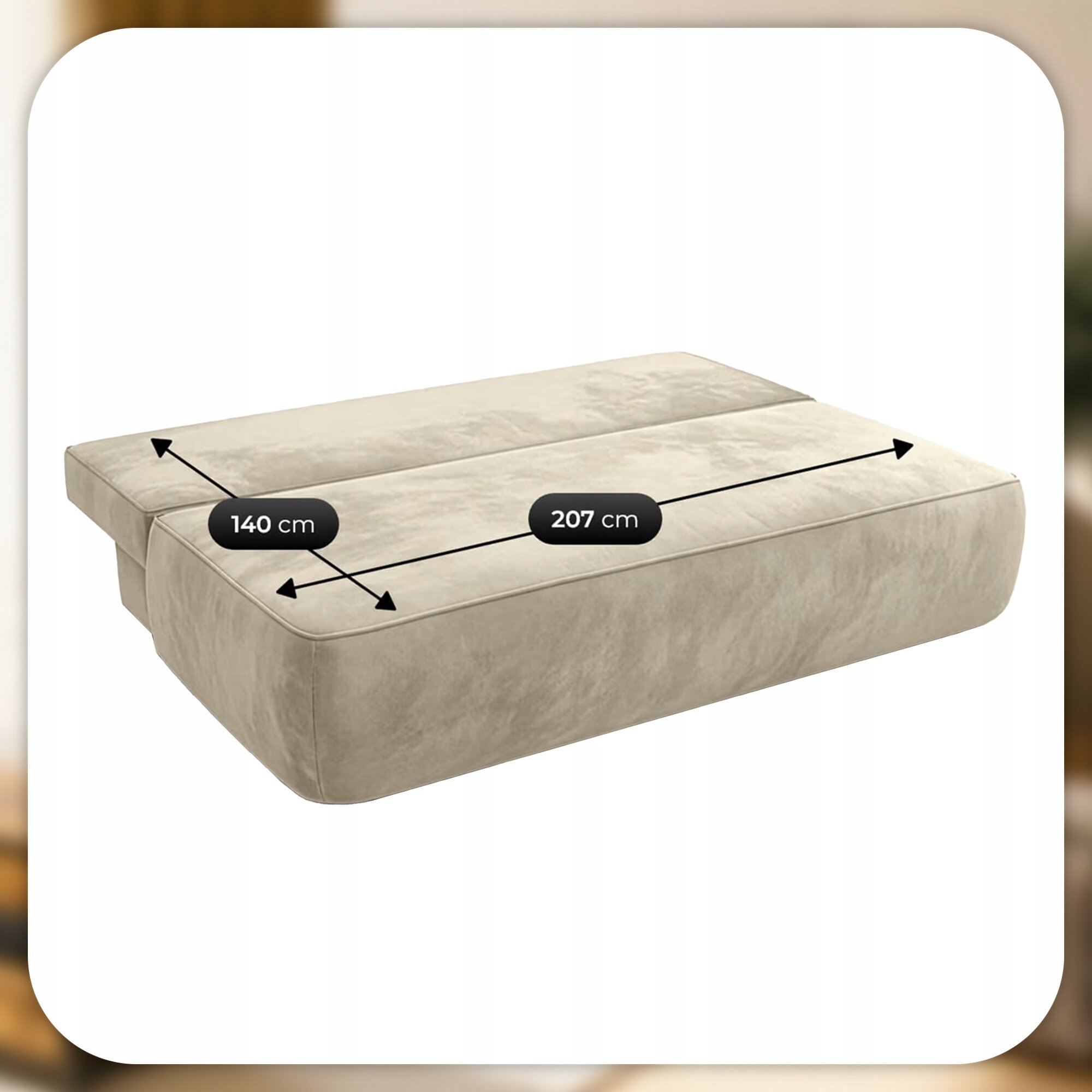 Kremowa sofa rozkładana z funkcją spania, przedstawiona w pozycji rozłożonej. Na powierzchni sofy widoczne są wymiary: 140 cm i 207 cm.